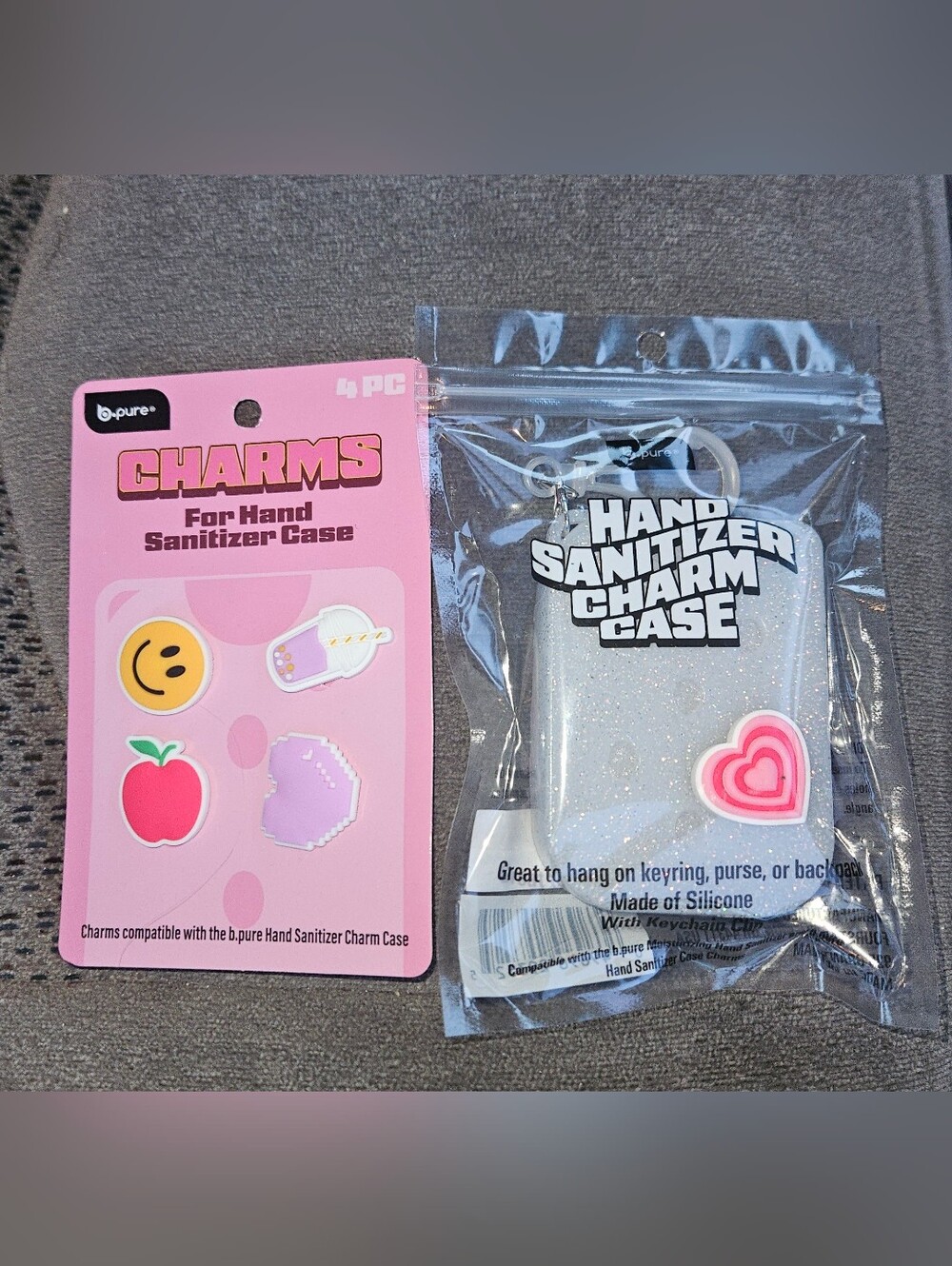 Glittery Hand Sanitizer Charm Case w/ Heart Charm & Keychain + 4pk Charms BNIB